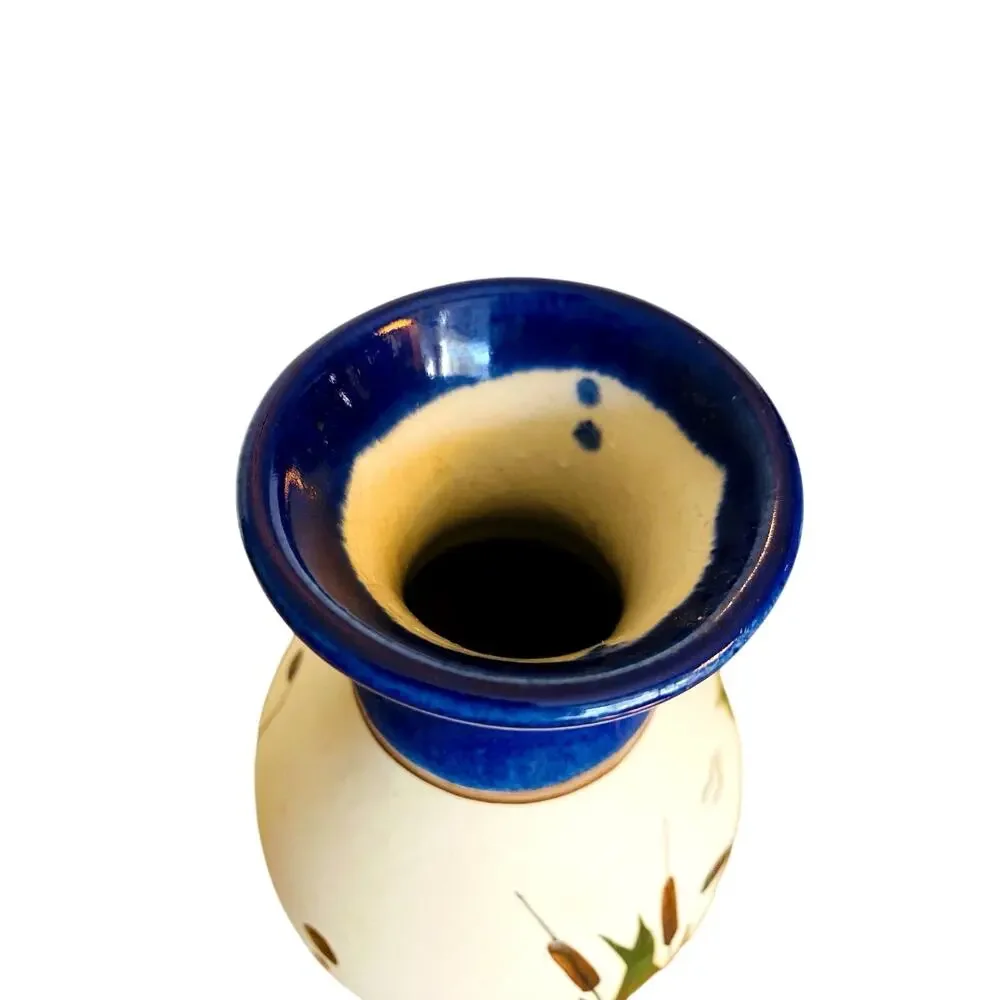 Vintage Tonala Mexico Hand Painted Pottery Vase Blue Neck Bird & Cattails